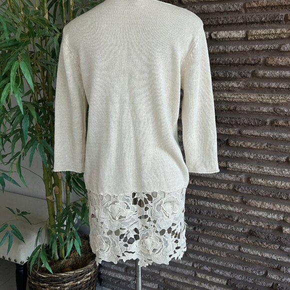 Monoreno Beige Cream Lace Hem Linen Blend Tunic Length Cardigan Sweater - Picture 5 of 9